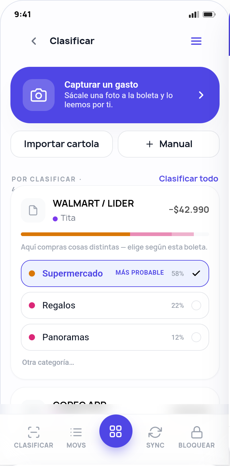 Pantalla de clasificación — top-3 categorías sugeridas