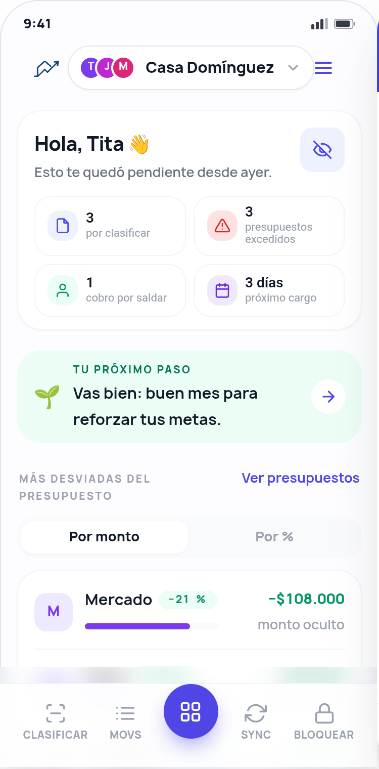 Pantalla principal de Genoikos mostrando resumen de finanzas del hogar