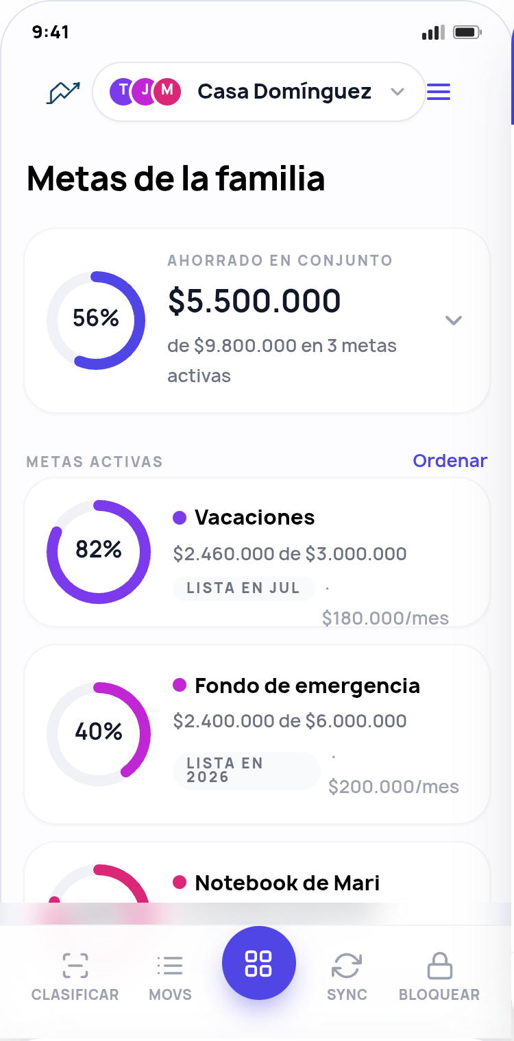 Pantalla de metas — objetivos de ahorro con avance