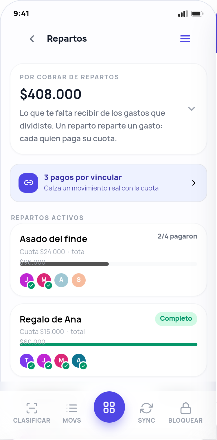 Pantalla de repartos y vaquitas — dividir gastos con link para invitados